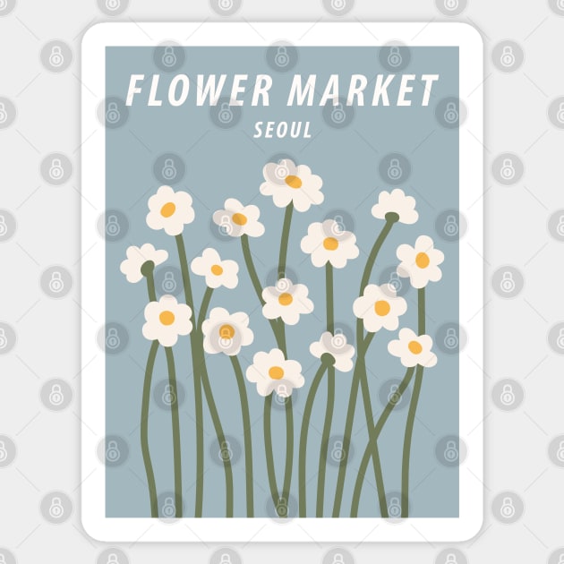 Flower market print, Seoul, Chamomile, Daisy art print, Cute blue flowers, Posters aesthetic, Cottagecore Sticker by KristinityArt